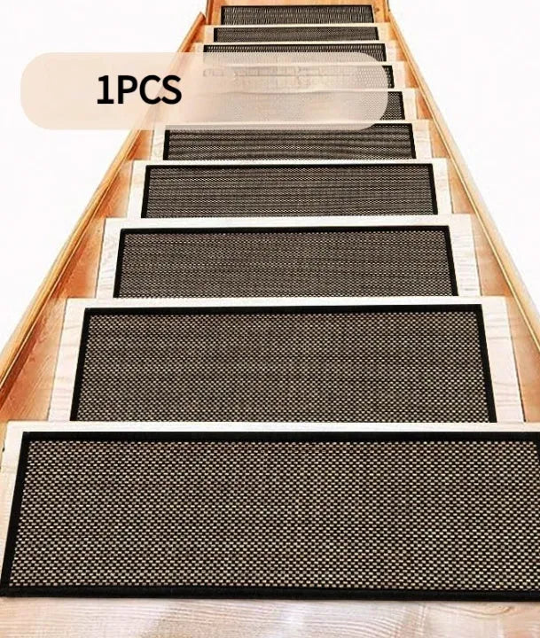 Japanese-style linen-look polyester stair mat on wooden stairs in camel colour with rubber backing