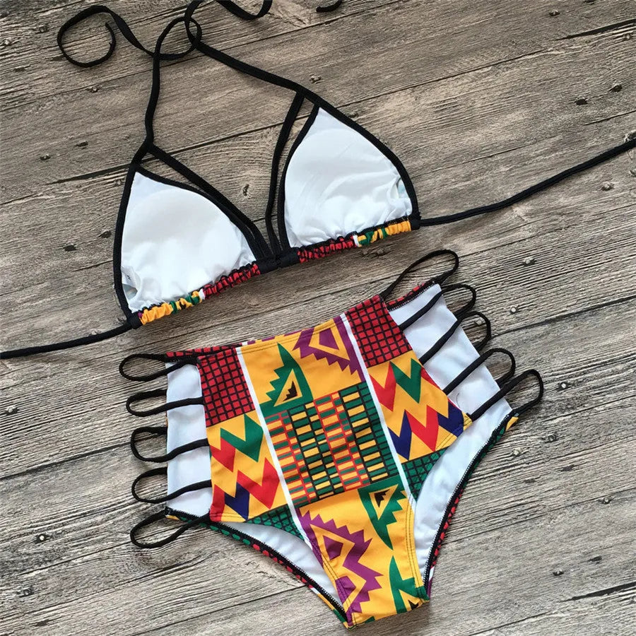 Women's digital print high-waist bikini swimsuit with backless design and quick-dry polyester fabric