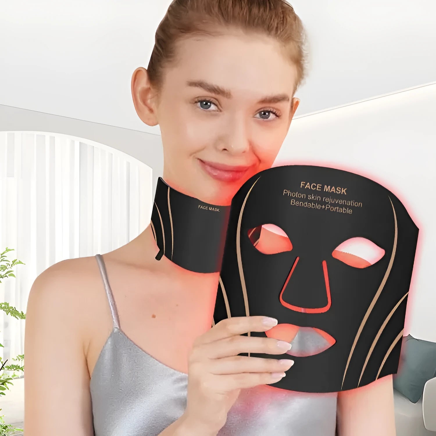 Black gold hard shell IPL and LED facial beauty mask with touch screen and adjustable headband.