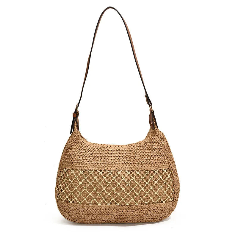 Women's straw cross body bag with sandwich pocket in khaki colour