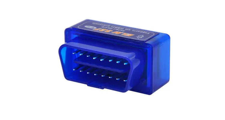 ELM327 Mini V2.1 Bluetooth OBD2 car diagnostic scanner and fault code reader on a dark background.