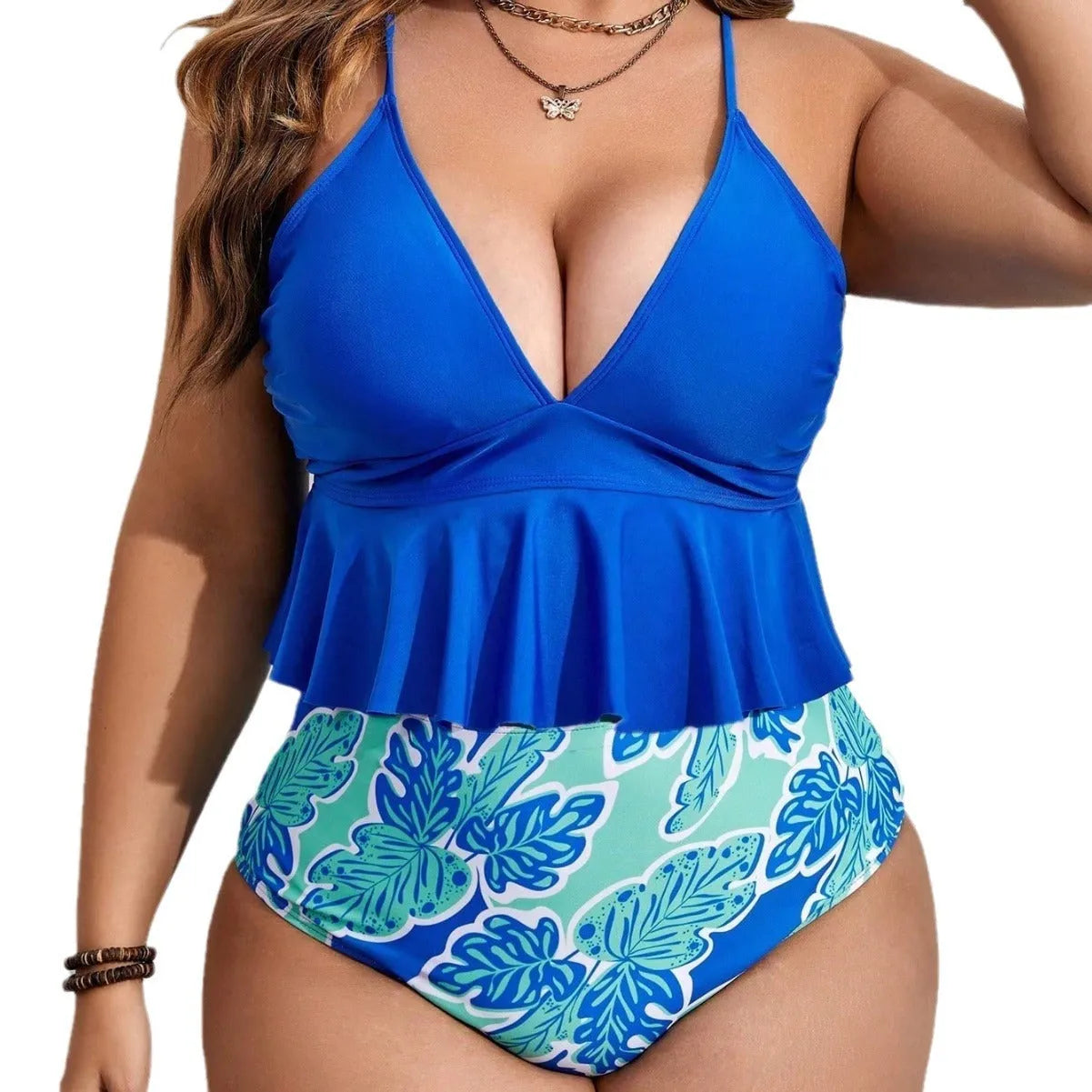 Blue polyester bikini swimsuit set with top and shorts on a mannequin