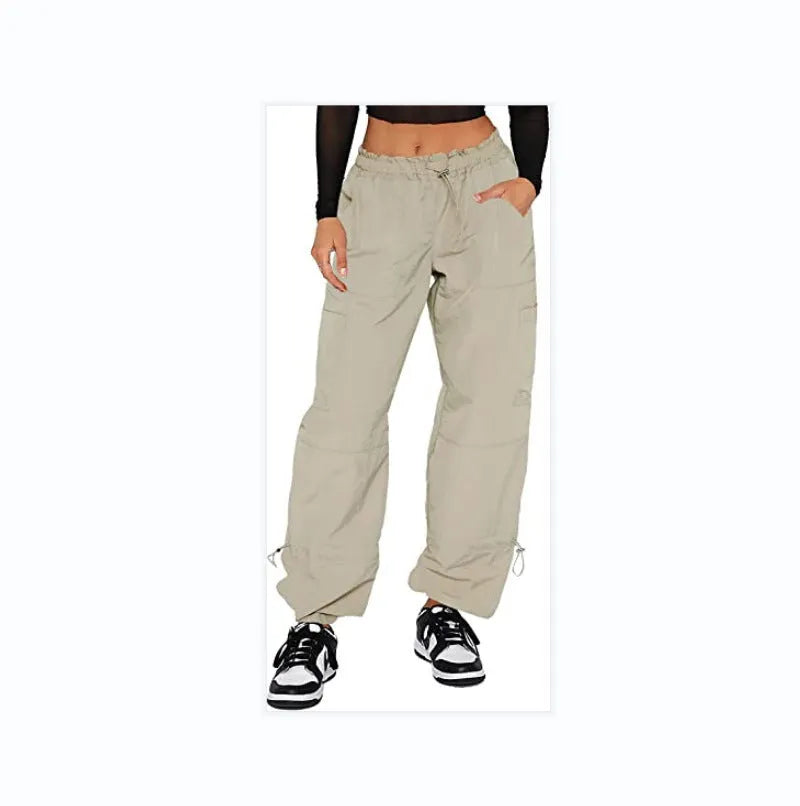 Men's straight-leg cargo trousers in khaki with multiple pockets, showing loose fit and mid-waist design