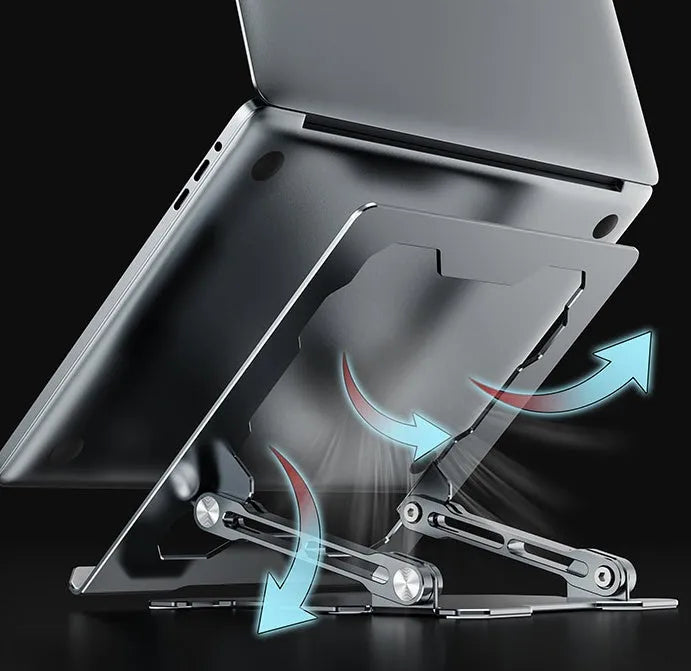Aluminum adjustable laptop stand in folded and extended positions showing hollow design