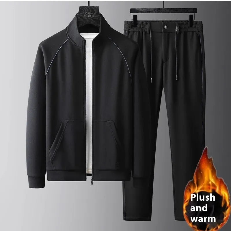 Slim fit stand collar casual sports jacket and trousers track suit in black colour