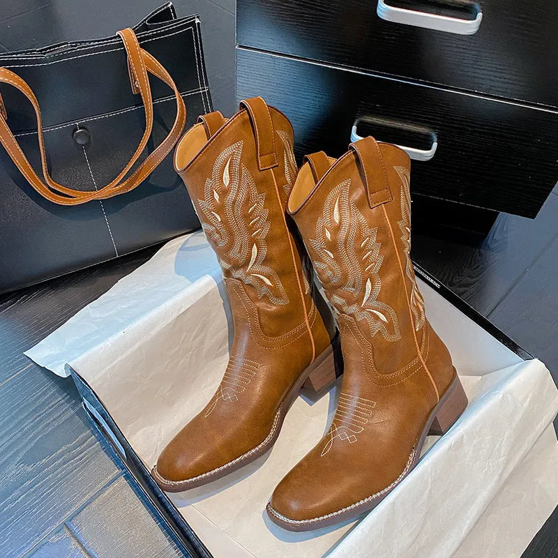 Brown women's mid-calf lace-up Martin boots with embroidery detail on the shaft