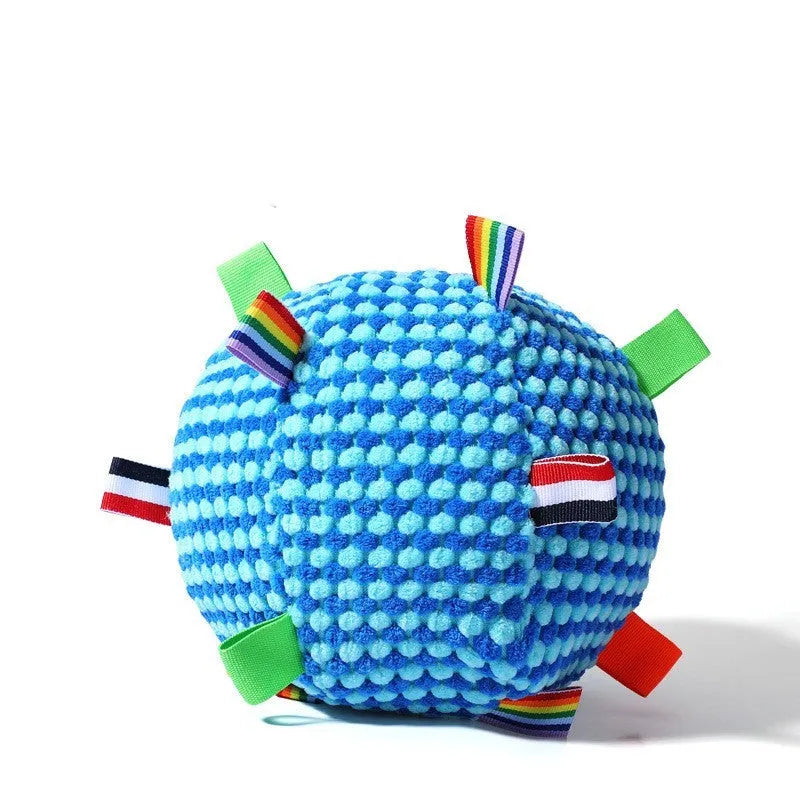 Blue and yellow two-tone pineapple lattice texture dog ball ring toy on white background