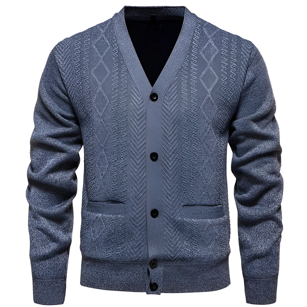 Men's long-sleeved striped cardigan sweater with wool lining in brown, gray, or red