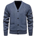 Men's long-sleeved striped cardigan sweater with wool lining in brown, gray, or red