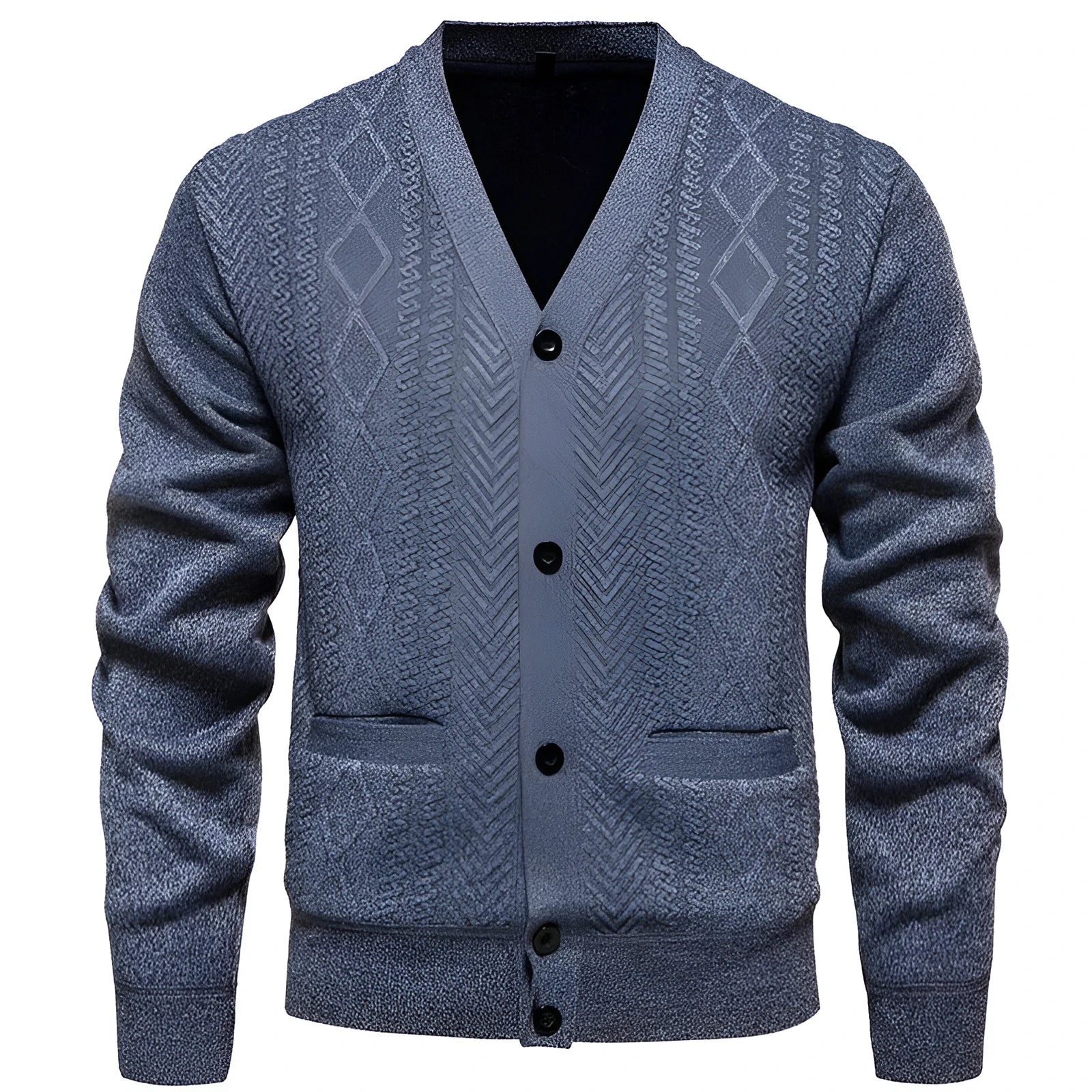 Men's long-sleeved striped cardigan sweater with wool lining in brown, gray, or red