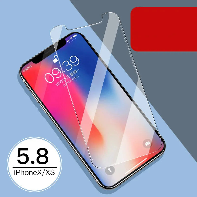 Tempered glass screen and rear camera protectors for Apple iPhone models on a white background.