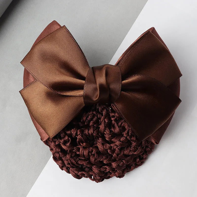 Professional waitress hair net with double bow clip in various colours including black, red, and blue mesh
