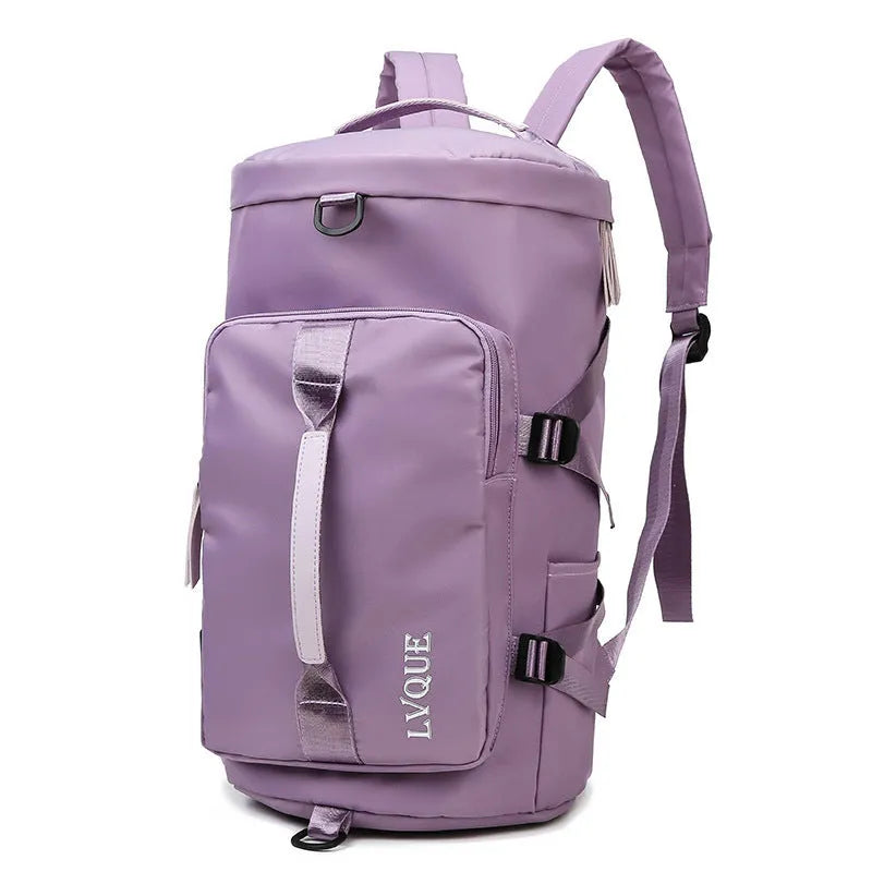 Black waterproof nylon backpack with combination lock, shown as a backpack and shoulder bag, featuring multiple pockets.