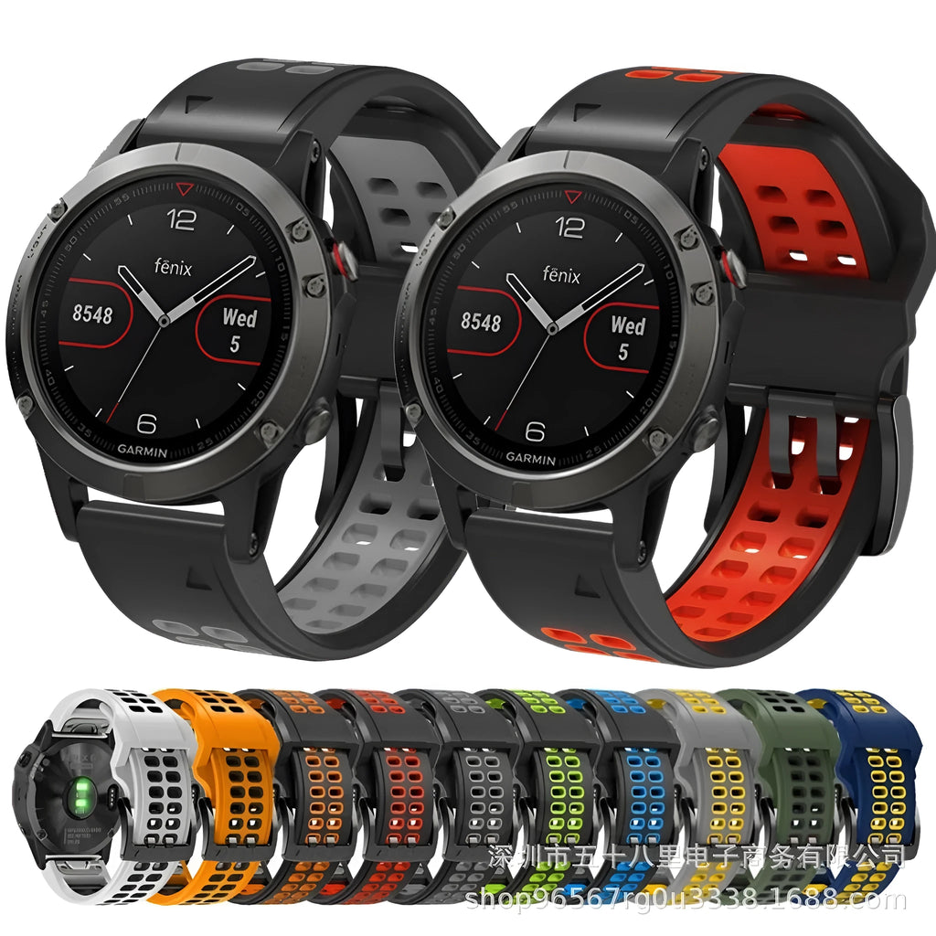 Two-colour silicone quick release watch strap with pin buckle in black and orange combination