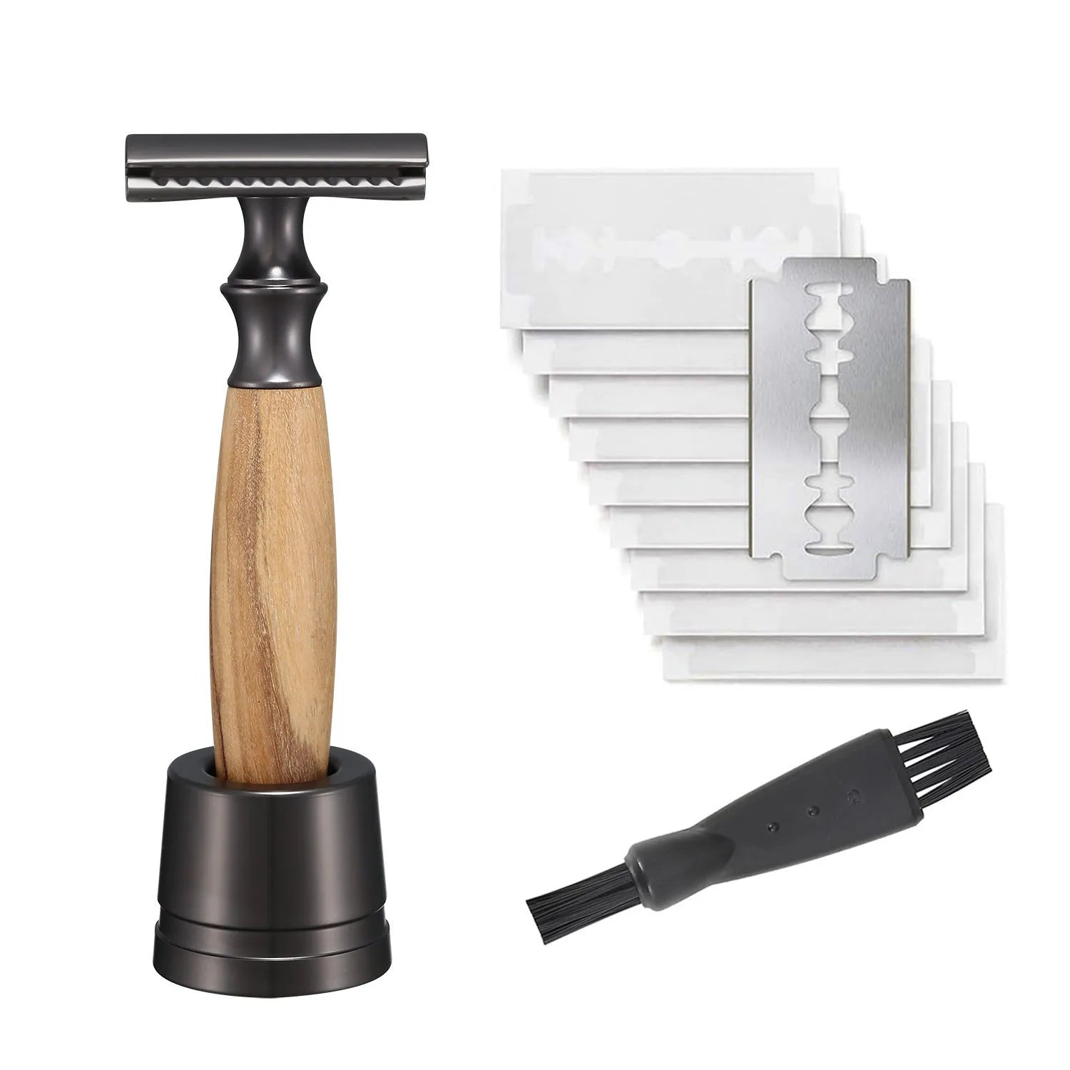Men's copper manual safety razor with olive wood handle and aluminium alloy holder