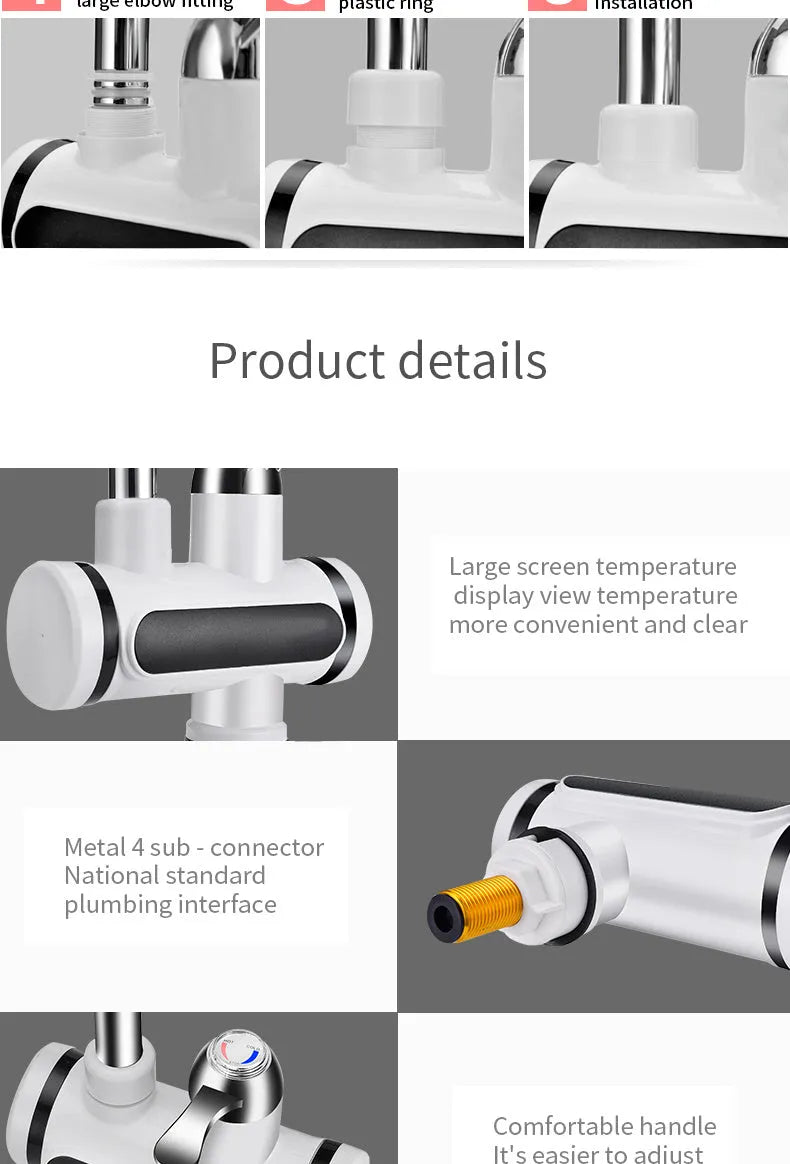White kitchen electric water heater tap with digital temperature display for instant hot water