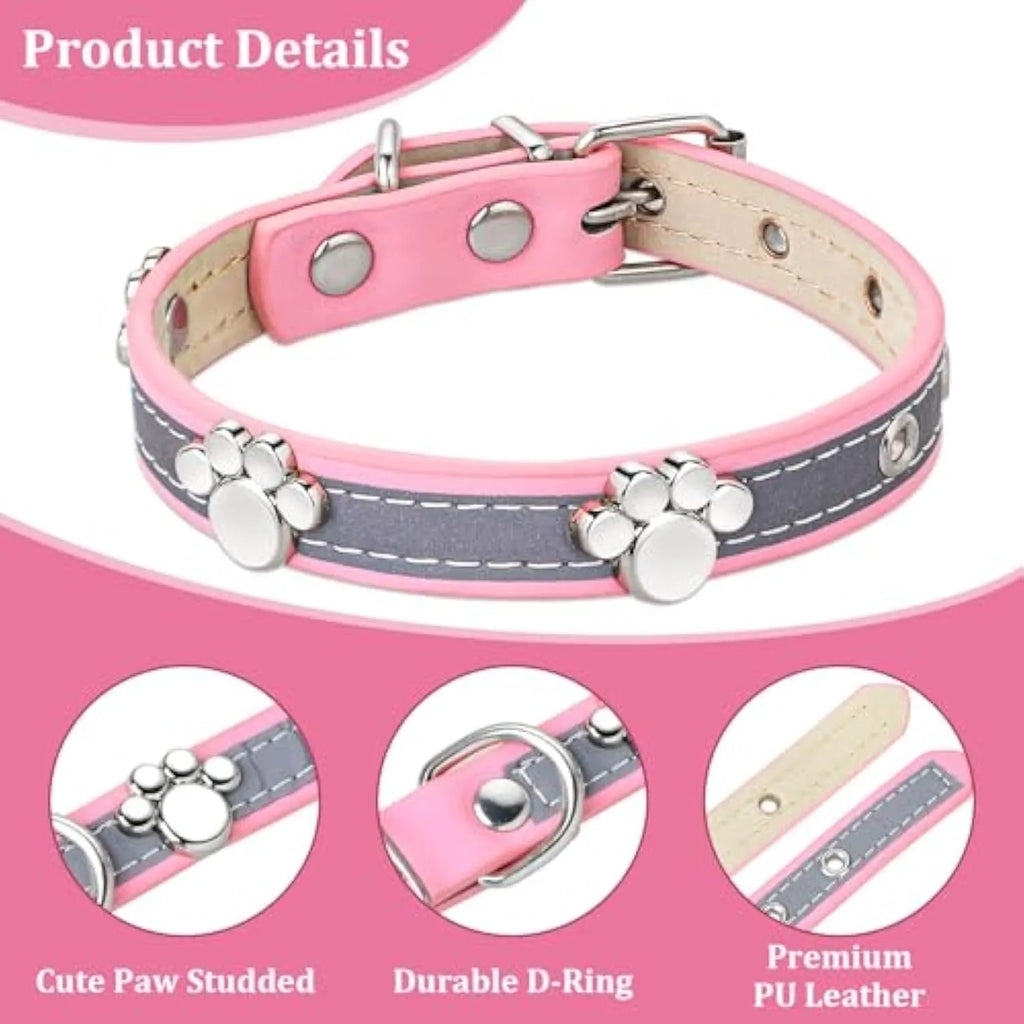 Reflective soft PU leather dog collar with metal paw-shaped rivets and adjustable buckle on a size chart.