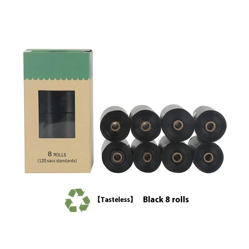 Degradable pet waste bags in green, black, blue, purple and orange colours with dispenser
