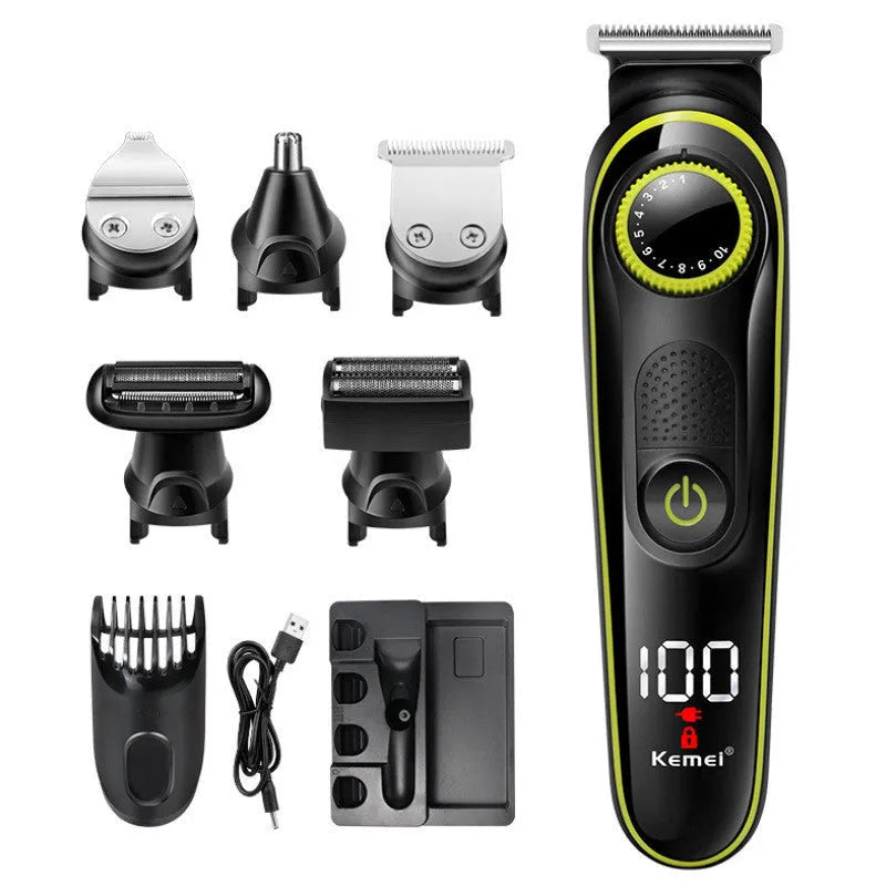 Black KM-696 rechargeable electric hair clipper set with stainless steel blades and accessories on a white background.