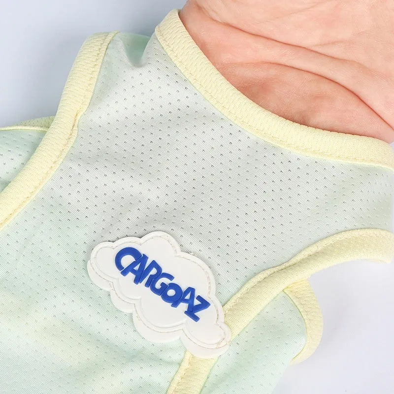 Thin polyester pet vest in grass green or taro purple for cats, sports style summer clothing with anti-lint features.