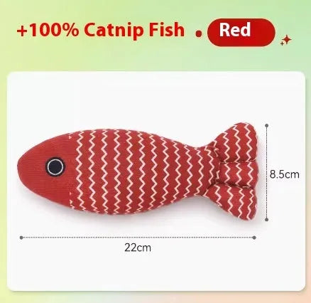 Catnip fish toy in blue, red, or yellow with measured dimensions for feline play