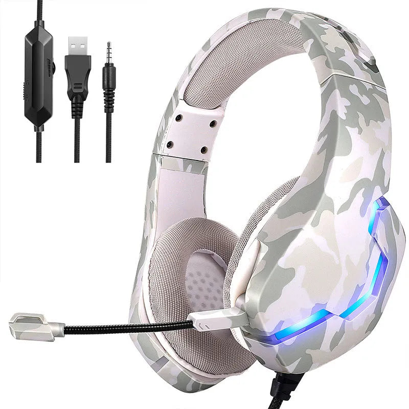 Wired over-ear gaming headset with microphone in camouflage blue colour, showing braided cable and 3.5mm plug.