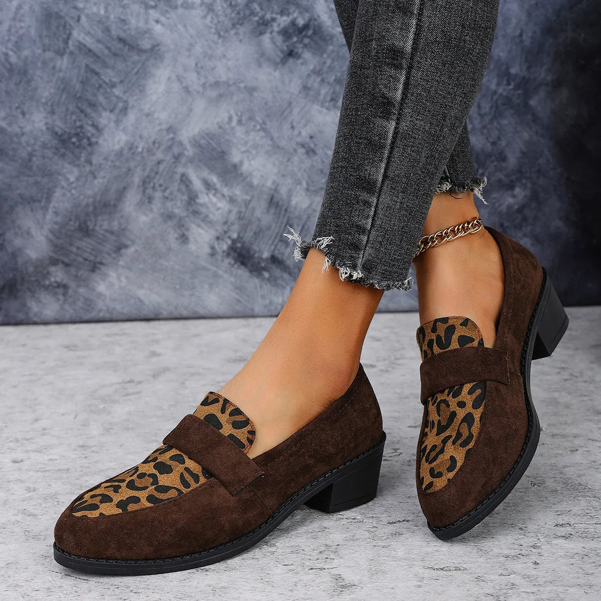 Leopard print slip-on suede pumps with chunky mid-heel in three colour options
