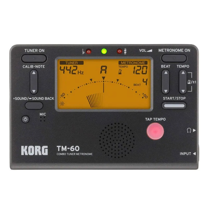 TM-60 black electronic metronome with display and controls for tempo and rhythm selection.
