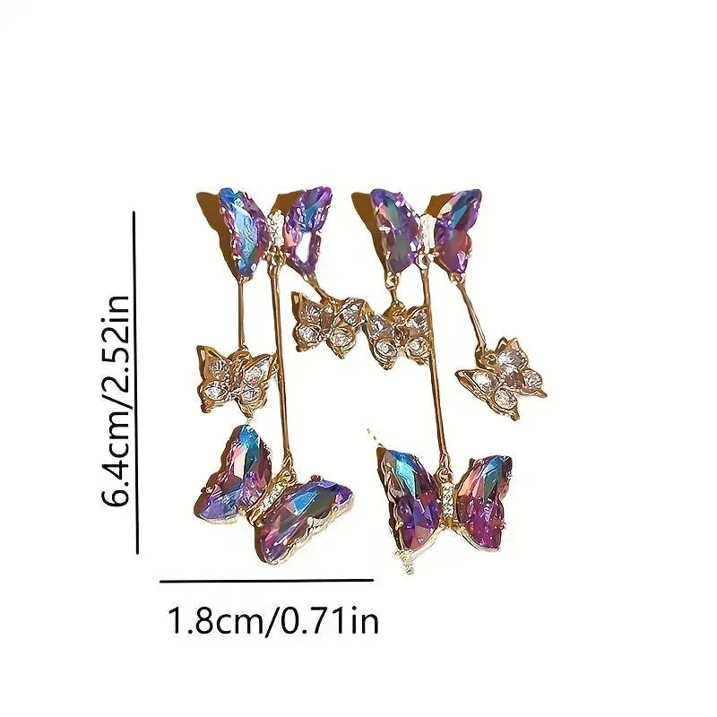 Silver needle crystal flowers butterfly tassel earrings in 33# silver needle-blue purple butterfly colour