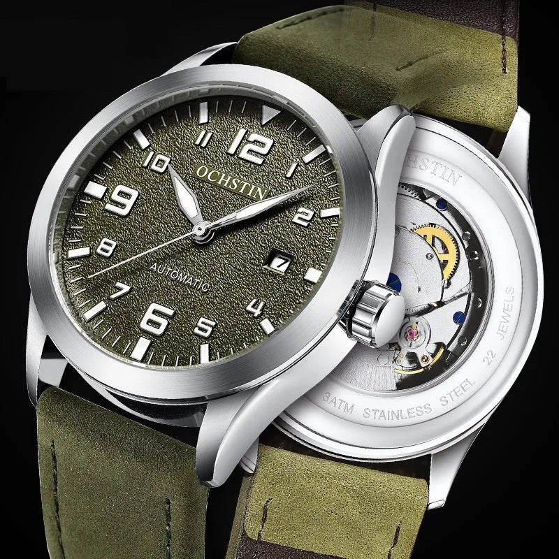 Men's automatic mechanical watch with leather strap and 12mm stainless steel case