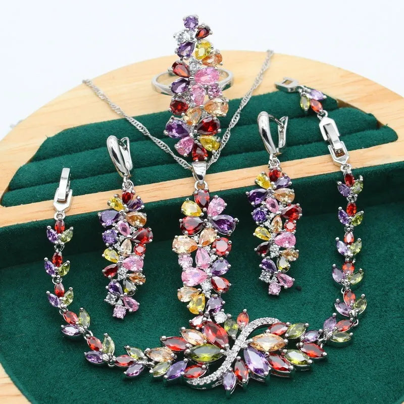 Copper inlaid zircon retro jewellery set with floral pattern including necklace, earrings, ring and bracelet