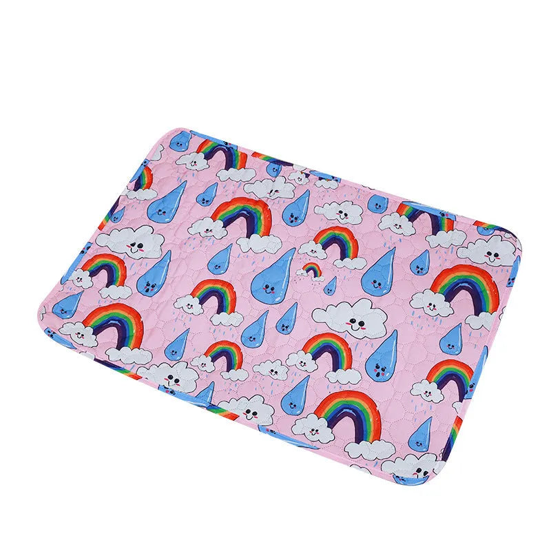 Reusable waterproof pet training pad showing colour pattern options and non-slip backing