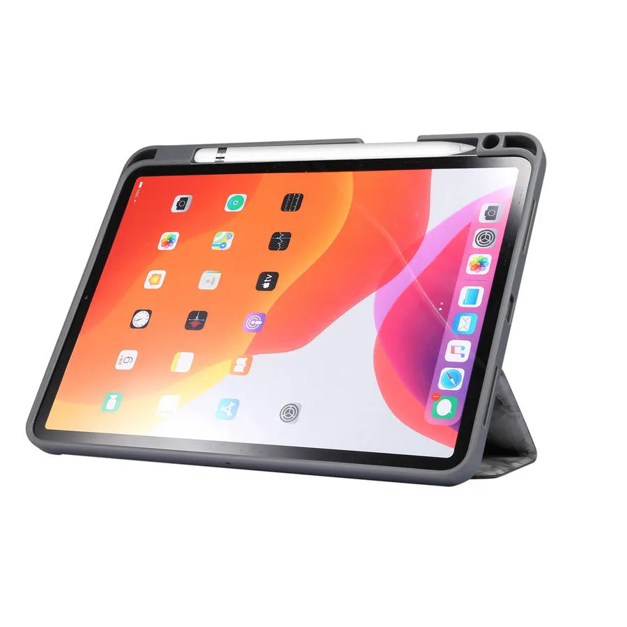 Tri-fold marbling imitation leather iPad case with a stylus pen slot in dark grey