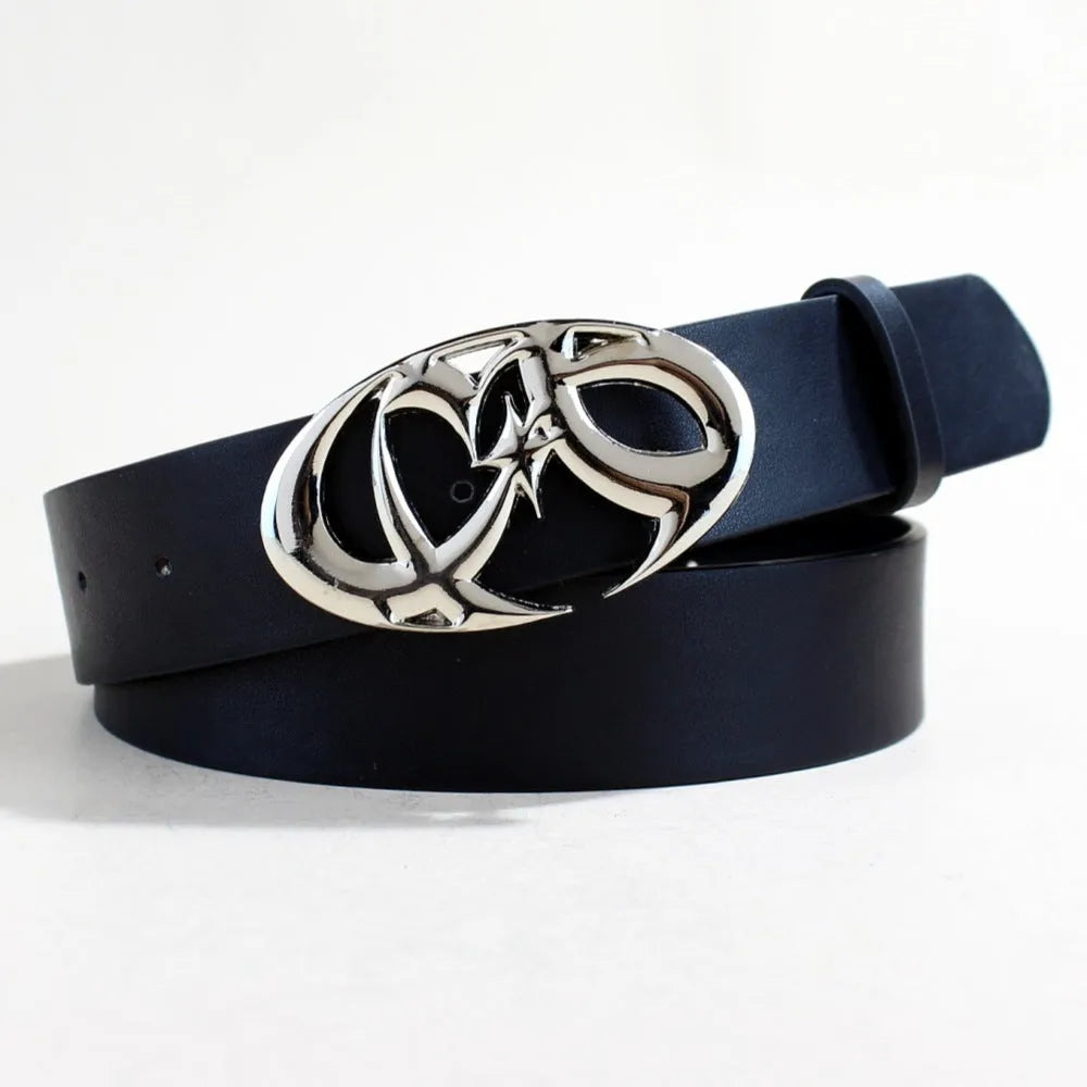 Silver alloy buckle on 3.3cm wide PU leather belt showing snap button fastening