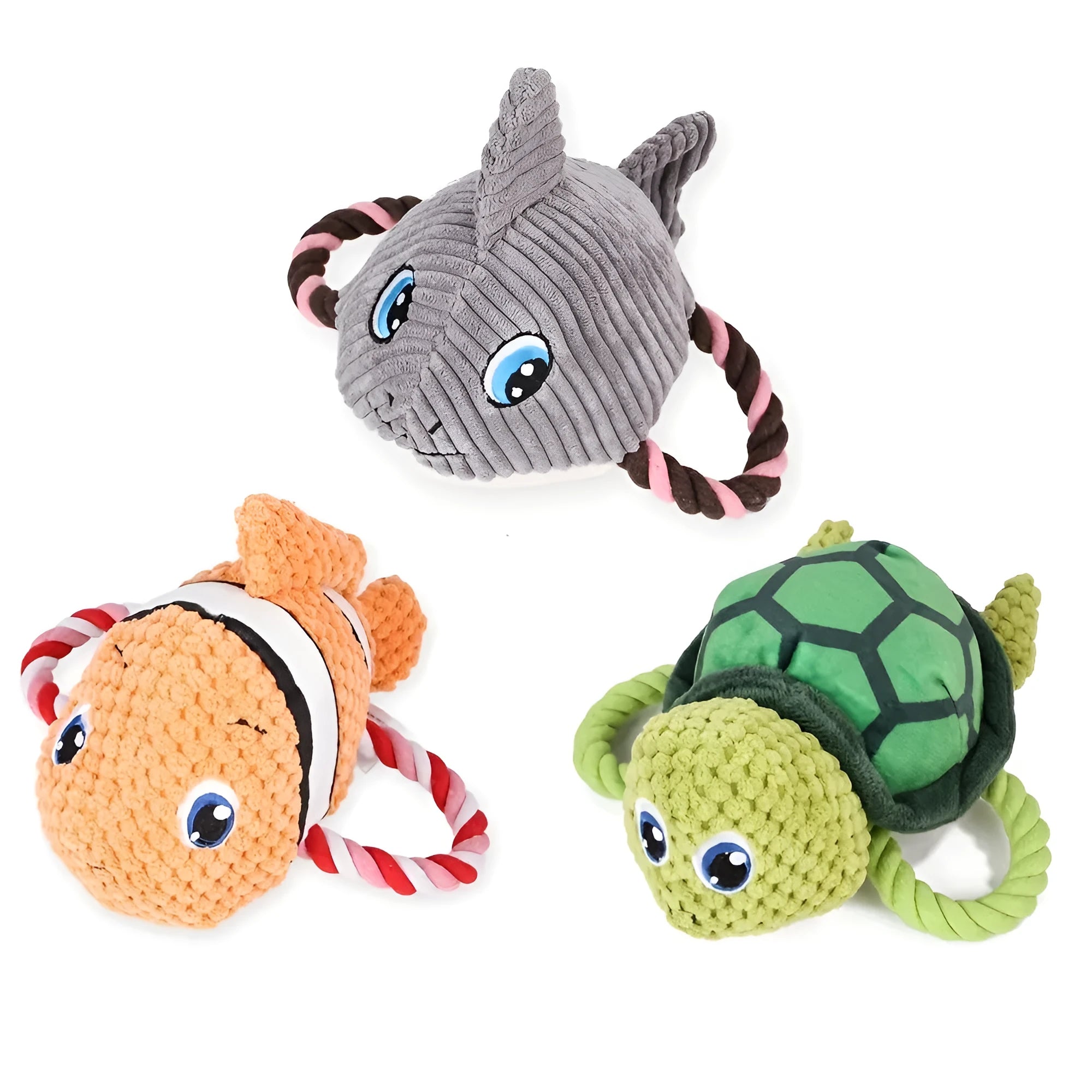 Turtle shaped dog chewing toy in gray green or orange plush fabric with knotted limbs for interactive pet play