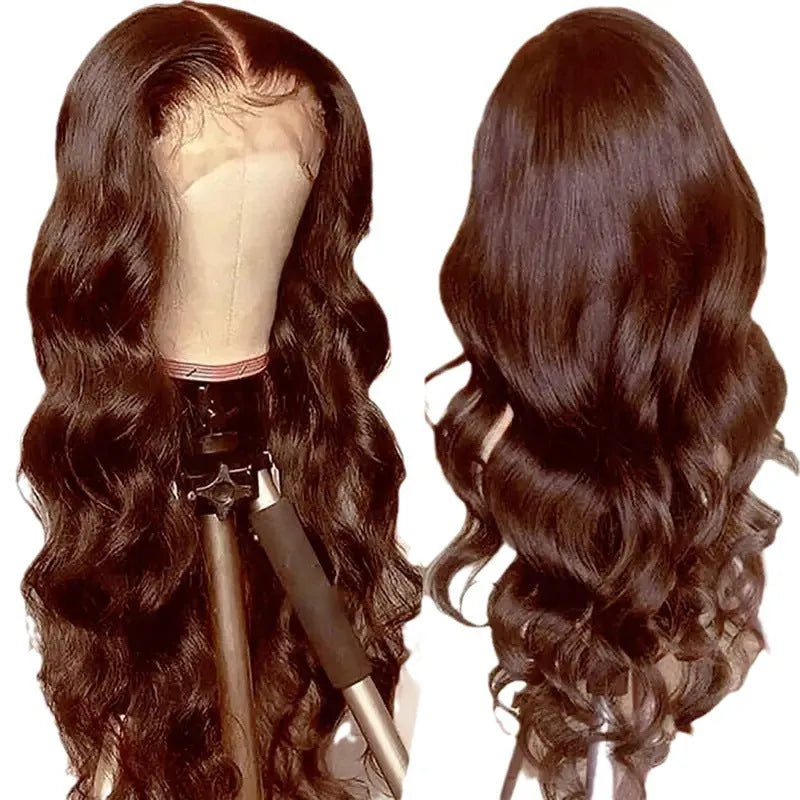 Women's long curly dark brown front lace wig with side bangs, made from high temperature fibre.