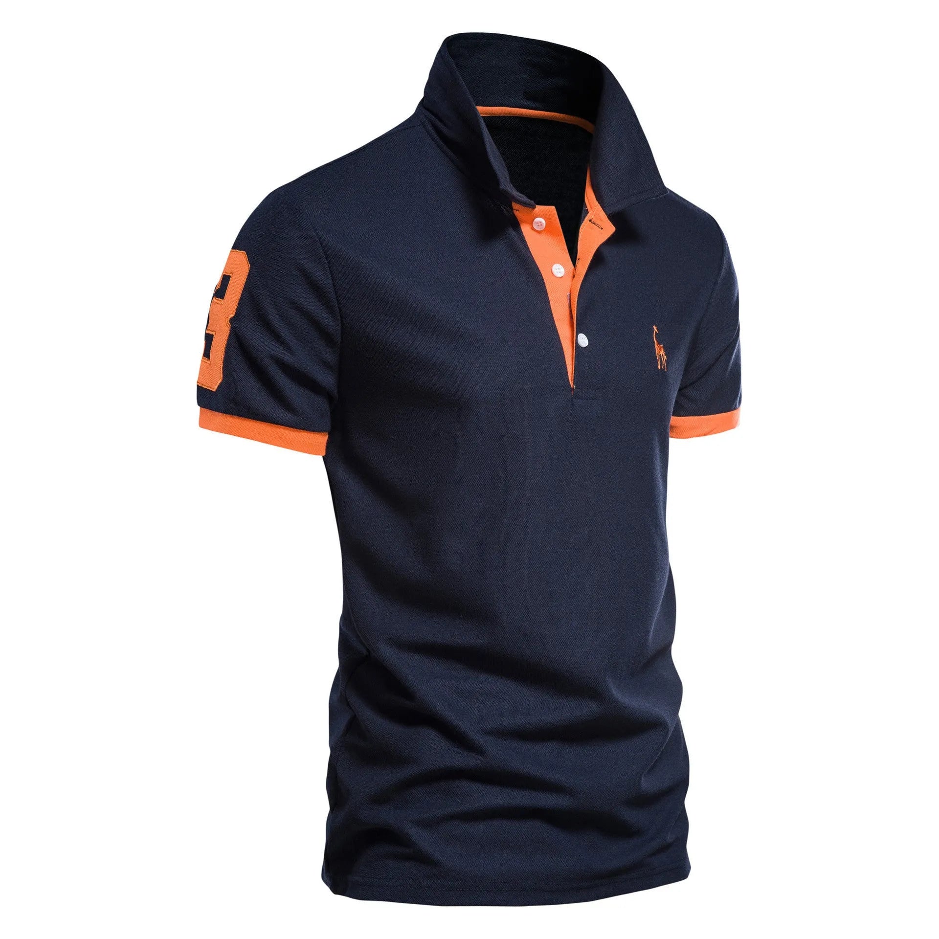 Men's short sleeve t-shirt with deer embroidery in various colours including white, red, and navy, displayed in sizes XS to 5XL.