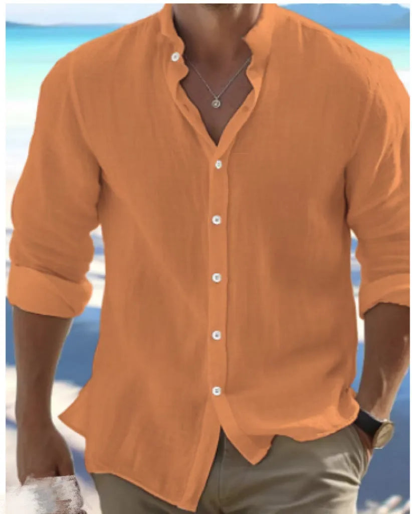 Men's light grey long-staple cotton pullover shirt on a hanger
