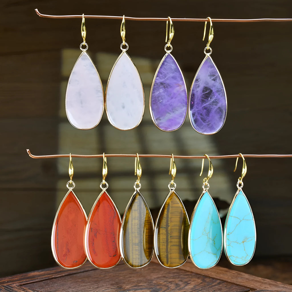 Vintage handmade stone drop earrings in tigereye colour with textured surface