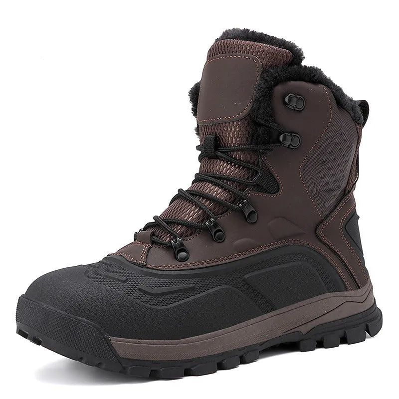 Men's black fleece-lined high-top boots with khaki velvet lining and lace-up front.