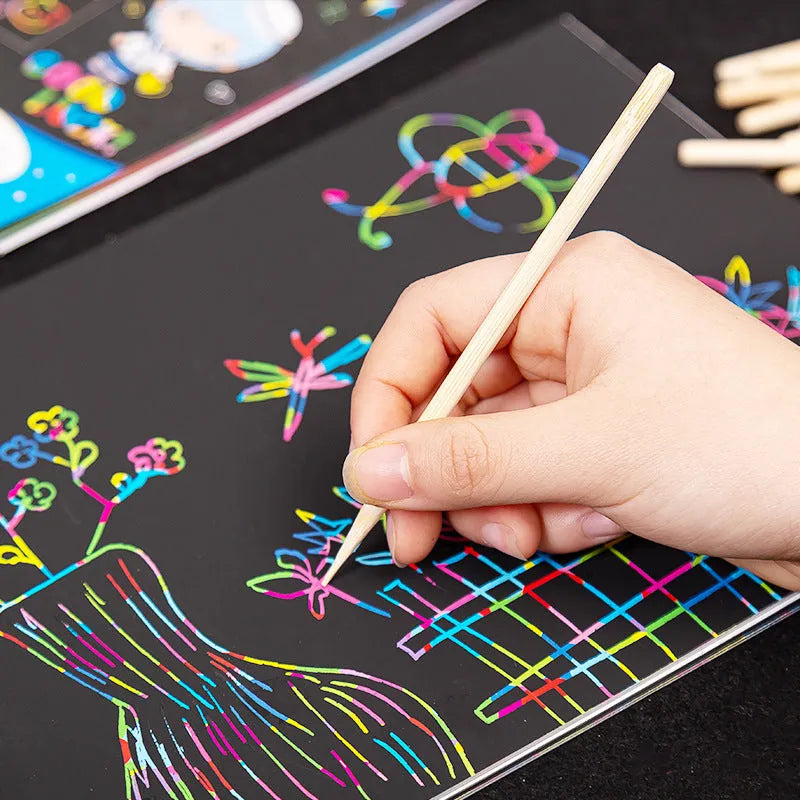 Scratching tool pen set with scraper pen, brushes, repair solution, and bamboo sticks for scratch art
