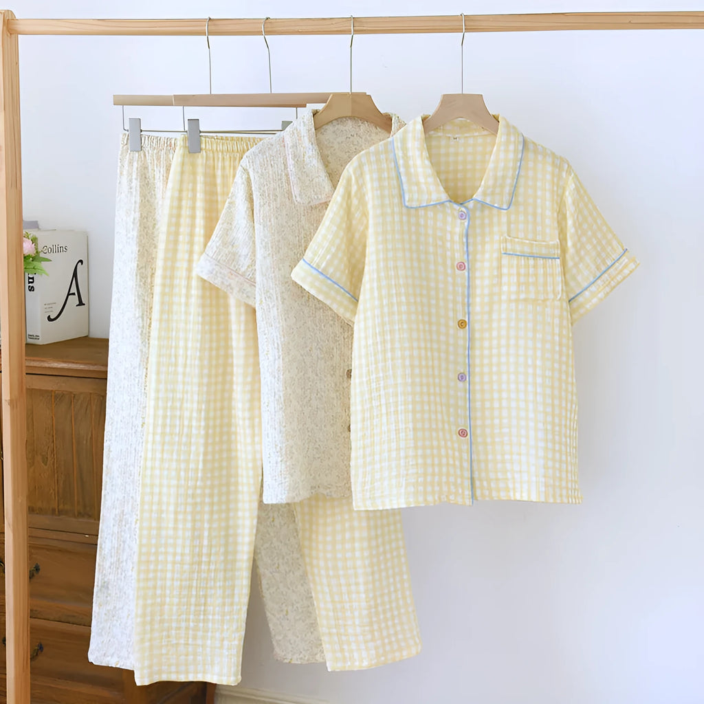 Women's yellow plaid washed cotton gauze short-sleeved top and loose trousers casual outfit set.
