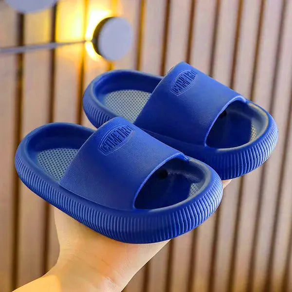 Children's brightly coloured EVA slippers with a thick, non-slip sole.