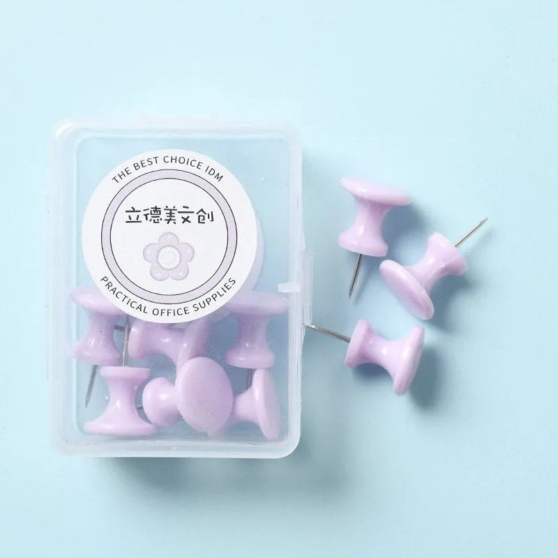 Box of plastic push pins in macaron colours - cherry blossom pink, mint green and lavender