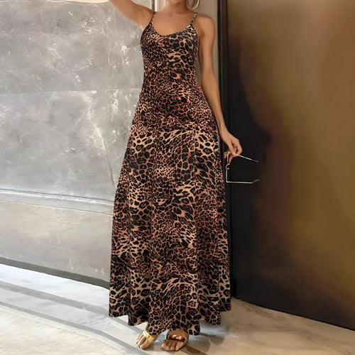 Dark brown leopard print dress with sleeveless sling design and shoulder straps, hip skirt cut