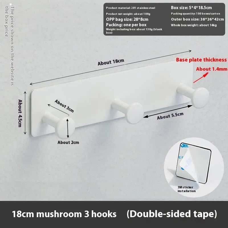 Screwless punch-free wall hook with mushroom hooks for shower doors, white double-sided tape mounting