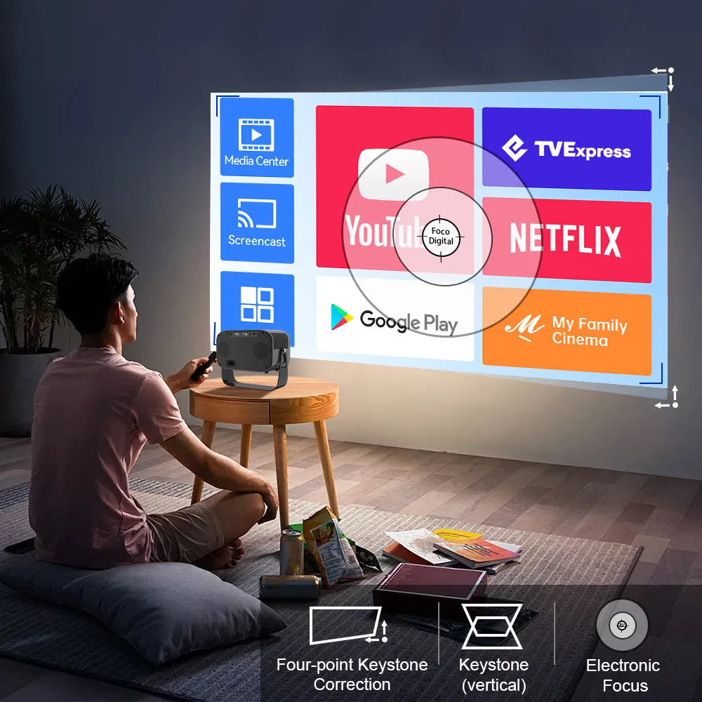Black portable smart projector with remote control showing 720p HD resolution and Android system