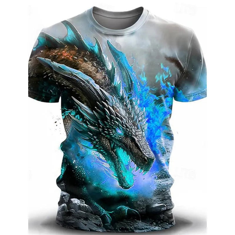 Men's grey casual t-shirt featuring a detailed 3D wind dragon print on the chest, short sleeves.