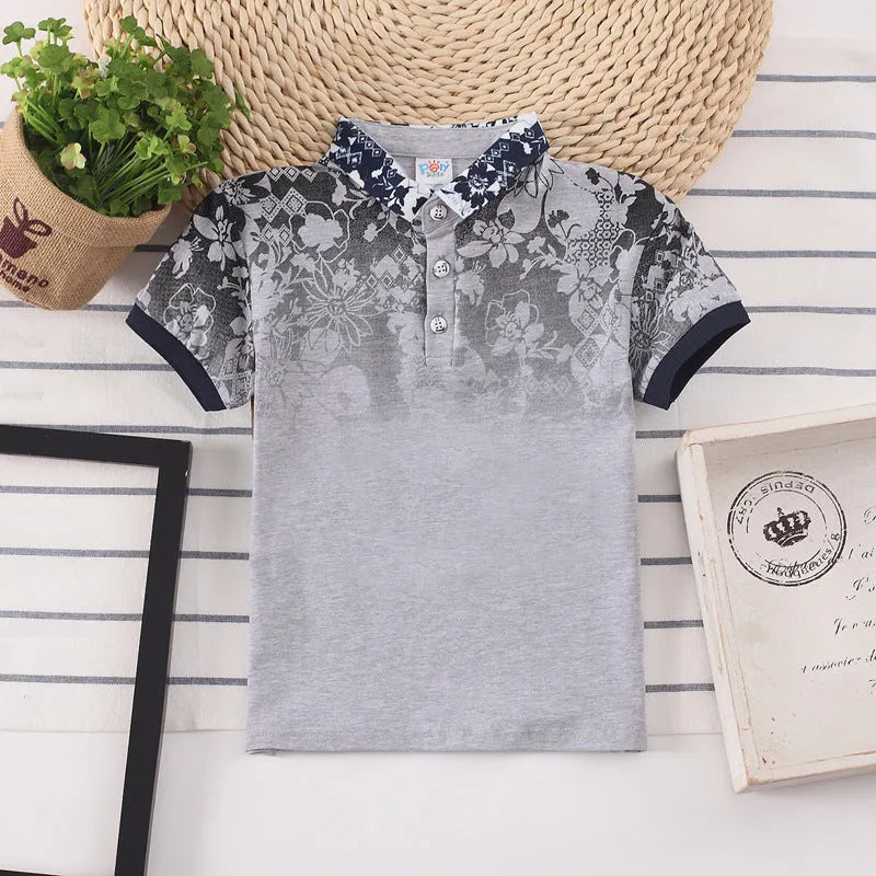 Kids short sleeve cotton shirt in grey, navy, red, or white with a lapel collar.
