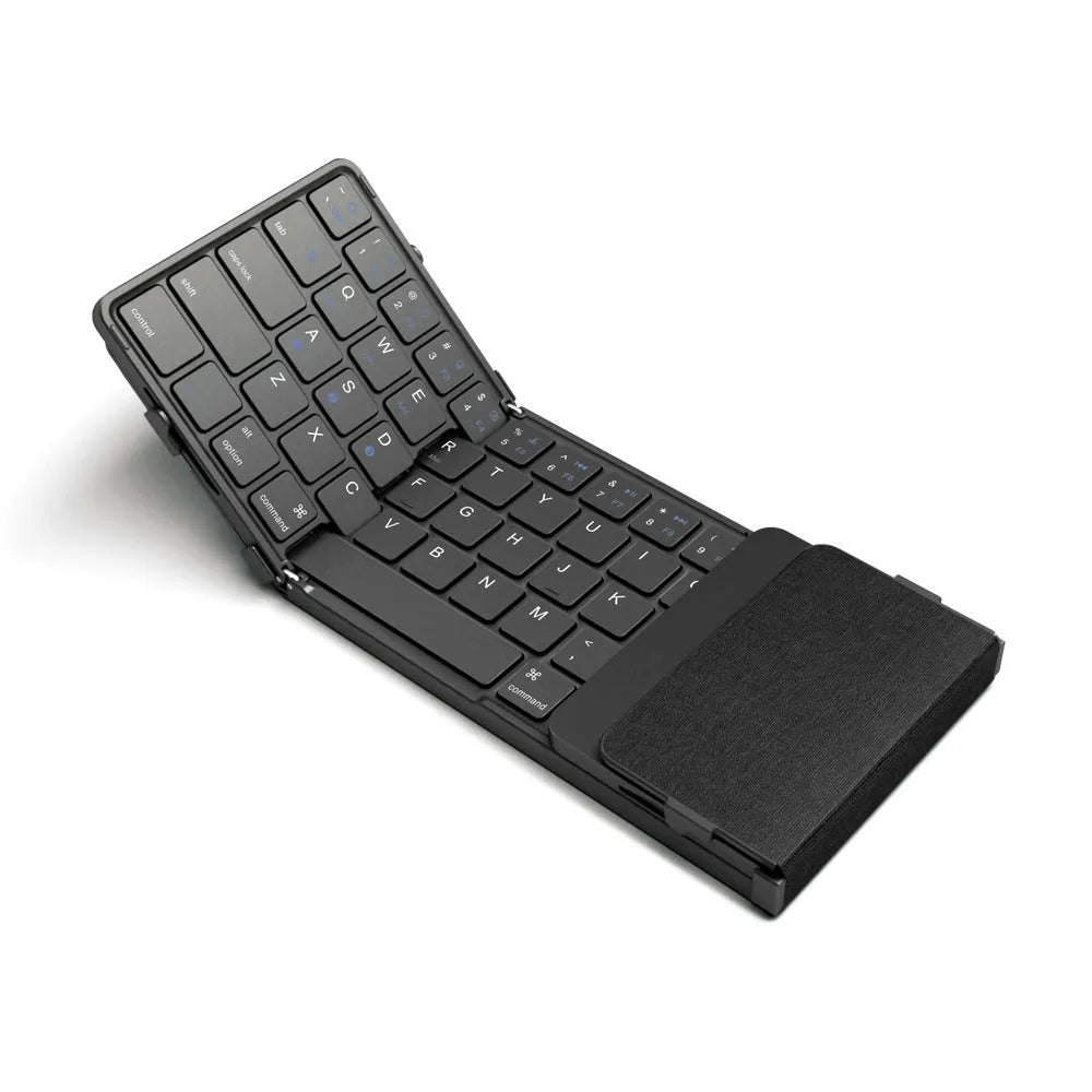 Black folding Bluetooth keyboard for mobile phones and tablets shown unfolded.